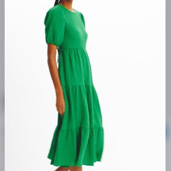 Desigual Green Textured Open Back Tiered Puff Sleeve Dress NEW - Picture 3 of 16